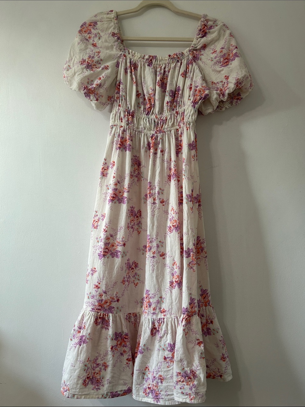 Dizzy Lizzy Dress Floral Puff-Sleeve Smocked Waist Ruffle Tier Hem Cottage Midi - Picture 1 of 16